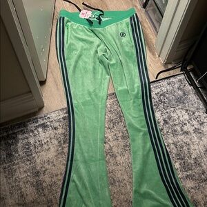 Green Velour Track Pants with Navy Stripes
